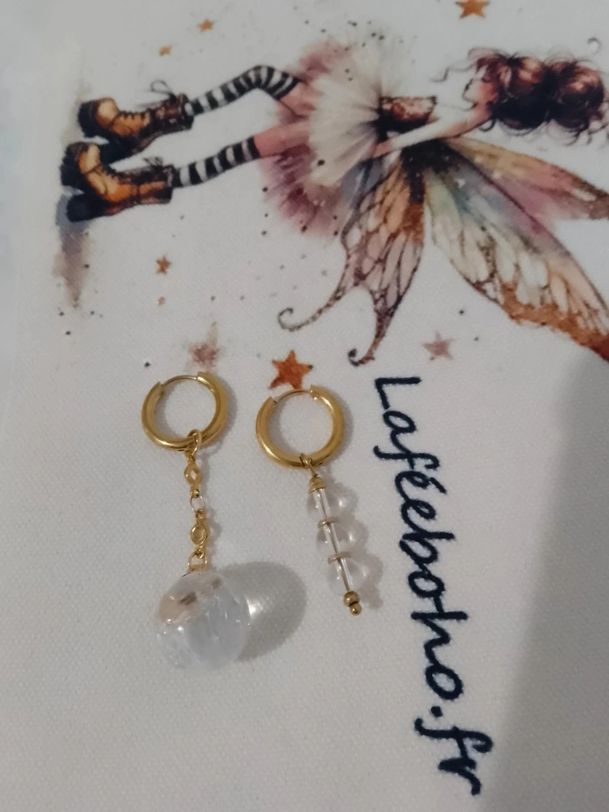 Boucles d'oreilles bohèmes asymétriques cristal de roche – photo 2